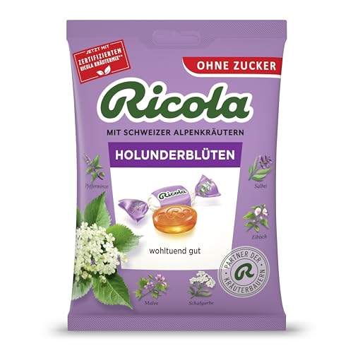 Ricola Holunderblüten 75g Beutel Original Schweizer Kräuter-Bonbons mit 13 Alpenkräutern & fruchtig-frischer Holunderblüte zuckerfrei 1 x 75g vegan