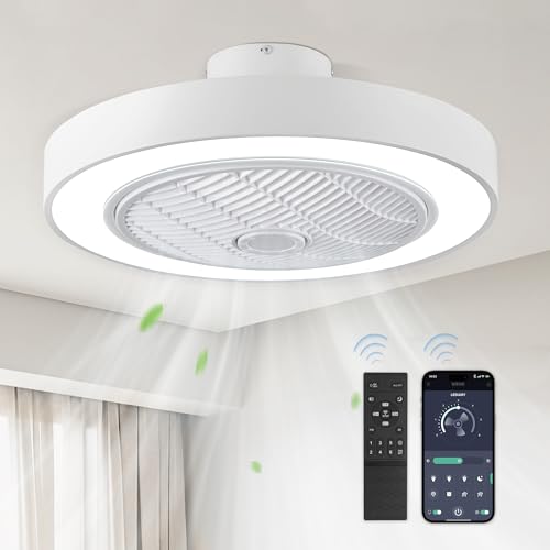 LEDIARY 22in Enclosed Ceiling Fan with Light and Remote, White Modern Bladeless Ceiling Fan with...