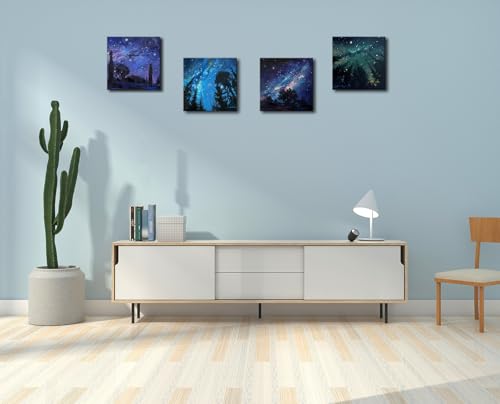 Image of Blue Starry Night Canvas Wall Art Forest Tree Paintings Decor Abstract Nature Landscape Artwork Poster Prints Colorful Space Northern Lights Pictures Decoration for Bedroom Living Room Bathroom Office