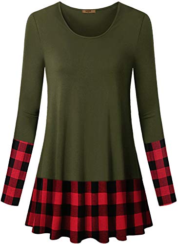 Miusey Red Buffalo Check Shirt,Womens Soft Long Sleeve Crew Neck Petite Glamour Shirts Relax Fit Flared Hemline Patterned Knitting Dressy Stretch Tunic Tops Green Red S