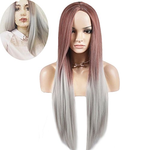 RightOn 28'' Women Girls Long Straight Dark Root Ombre Silver Grey Wig with Wig Cap and Comb (Wine Red Ombre Silver Grey)