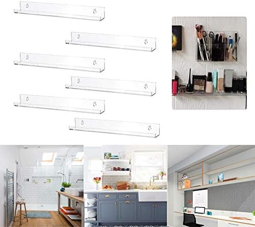 POHOVE 6pcs Acrylic Floating Shelves, Acrylic Floating Bookshelf Clear Wall Ledge Shelf, Wall Mounted Shelves for Books, Pictures, Invisible Kids Bookshelf and Small Toy Storage
