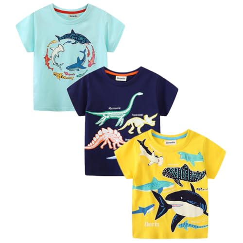 Niños pequeños 3 Juegos de Camisetas de Manga Corta, Blusa de Verano de Cuello Redondo con patrón Luminoso Casual de algodón, Adecuada para niños de 2-8 años