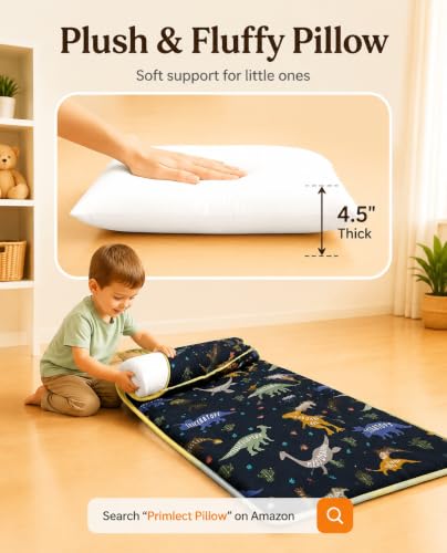 Image of Primlect Toddler Nap Mat with Pillow, Thickened Extra Large Sleeping Bag | 55''x35'' Sleeping Mat with Blanket, Washable, Roll up, Perfect for Daycare, Preschool, Kindergarten, Boys, Dinosaur