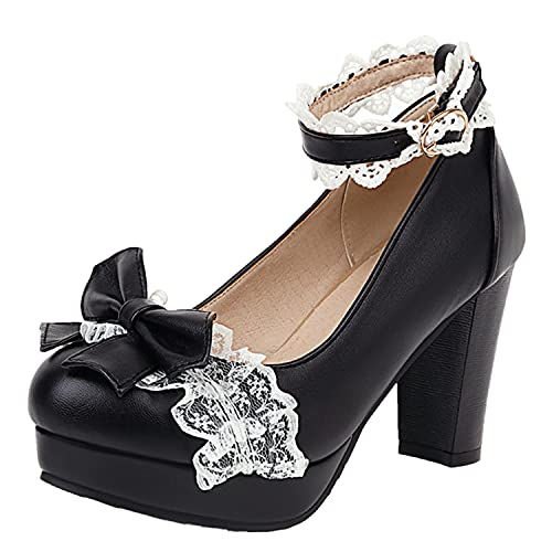 Women Fashion Sweet Bownot Lace Lolita Princess Single Shoes High Heels Ankle Strap Maid Mary Jane Pumps