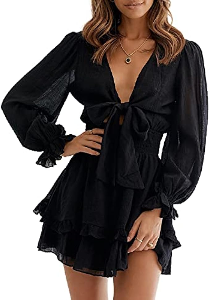 AlvaQ 女式春夏前结V领荷叶边长袖花卉印花飘逸迷你连衣裙