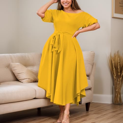 Image of Plus Size Women Wedding Guest Dress Off Shoulder Boat Neck Irregularly Flowy Midi Church Dress