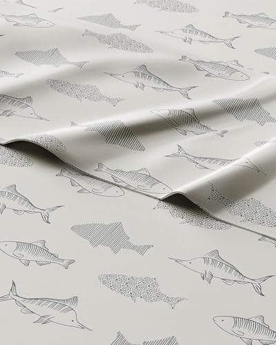 Image of Kids Twin XL Size Gray Fish Bed Sheets - 3 Piece Kids Gray Fish Sheet Set | Gray Fish Themed Bedding, Ultra-Soft, Cute & Cozy, Breathable & Machine Washable, Bed Set for Boys, Girls & Teens, Breathable