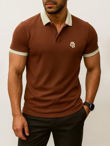 Image of LEOTUDE Men's Polo Neck Matty Half Sleeve Collor Solid Regular Fit Tshirts (Brown)