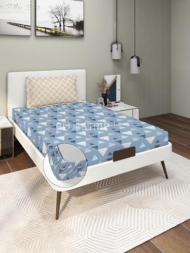 Image of Blue Strip 220TC Glace Cotton Elastic Fitted Bedsheets Single Bed with 1 Pillow Cover | Single Bed with All Around Elastic, Size 42 inch x 75 inch Inches
