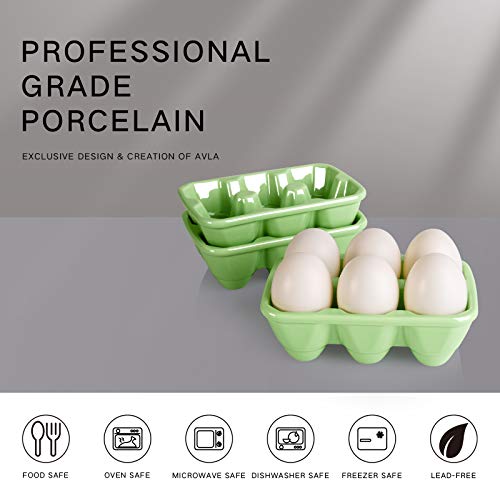 AVLA Set of 3 Ceramic 6 Cup Egg Tray - Half Dozen Porcelain Egg Holder Decorative Crate Eggs Dispenser Container Keeper Storage Organizer for Kitchen Restaurant Fridge Countertop Display, Green