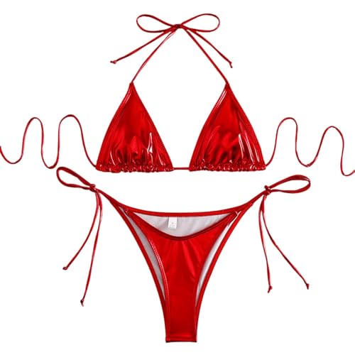 Shffuw Bikini+Braga+Alta Bikinis Mujer 2024 Women's Sparkly Hot Gold Bikini Solid Color Swimsuit Set Parte De Arriba Talla Grande (Red, M)
