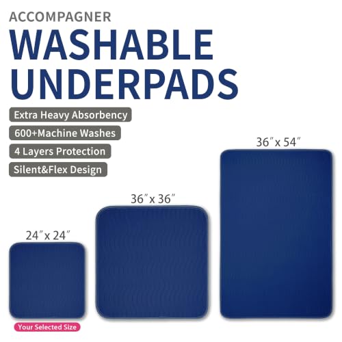 Image of Accompagner Incontinence Bed Pads Washable Waterproof, Ultra-Absorbent Reusable Underpads for Diaper Changing, Nursing, Bedridden, Adults, Seniors, Kids and Dogs (Navy, 24 inchx24 inch(Pack of 6))