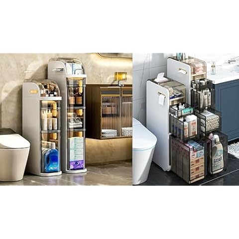 3-Tiers Slim Bathroom Floor Storage Cabinet, Narrow Bathroom Cabinet with Tissue Box and Wheels, Plastic Waterproof Movable Bathroom Storage Organizer for Small Spaces, Kitchen, Laundry, Toilet Gap Cover