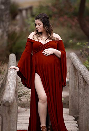 Robe de maternité avec manches évasées amples et coupe maxi en tissu fluide