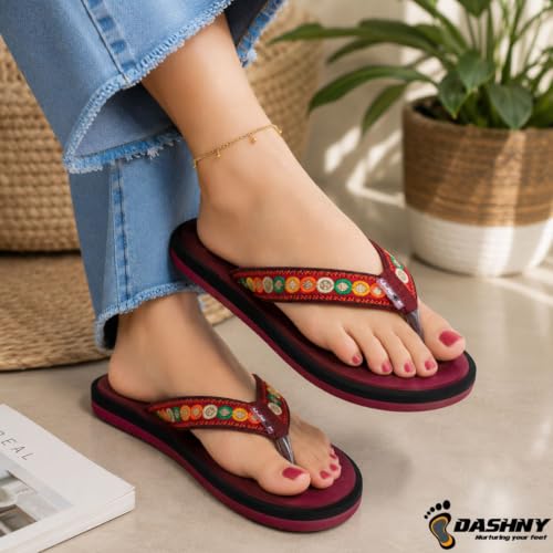 Image of Dashny Women's Comfortable Flip Flops | Soft Cushioned Footbed | Lightweight Anti-Skid Sole | Embroidered Toe Post Slippers | Comfortable Indoor & Outdoor Footwear