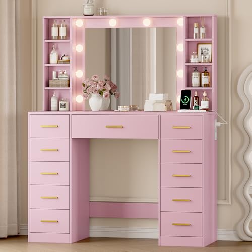 Image of Wodeer Makeup Vanity with Drawers, 43 inch Pink Vanity Desk with Mirror and Lights, 11 Drawers & 4 Shelves, Power Outlet & Adjustable LED Lights, Dressing Table for Women & Girls Bedroom