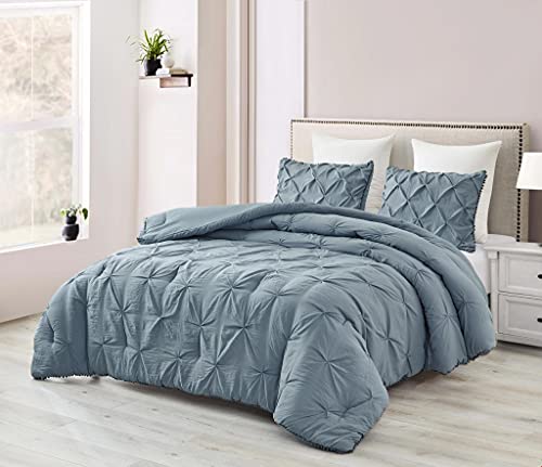 Chezmoi Collection Natalia 3-Piece Pom Pom Pinch Pleat Down Alternative Comforter Set, Soft Washed Microfiber Ball Fringe Bedding Set (Queen, Dusty Blue) #TOP9