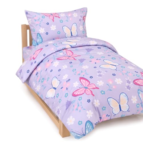 Image of TinyPalsa 4-Piece Toddler Bedding Set, Toddler Bed Comforter Set for Girls | Includes Comforter, Fitted Sheet, Flat Sheet & Pillowcase, Purple Butterfly