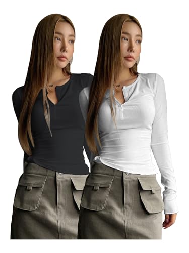 Image of Shasmi Women's & Girl's Long Sleeve Round Neck Solid Color Ruched Workwear Casual Top Half Button Down Henley T-Shirt for Women (Top 128)