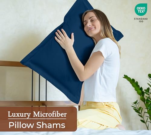 Image of Royale Linens Pillow Shams 2 Pack Euro Size 26x26 Inch - Brushed 1800 Microfiber - Bed Pillow Shams, Wrinkle Resistant Super Soft and Cozy - Back Overlap Closure - Oxford Pillowcase (Euro, Navy)