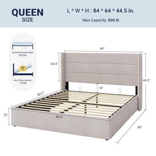 Image of Allewie Queen Size Lift Up Storage Bed, Modern Wingback Headboard, Hydraulic Support, No Box Spring Needed, Light Beige