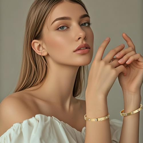 2Pcs 18K Gold Plated Love Bangle Bracelets set for Women, Stainless Steel Cubic Zirconia Bangle Crystal Friendship Jewelry, Easter Wedding Birthday Gifts for Girlfriend, Wife, Monther2