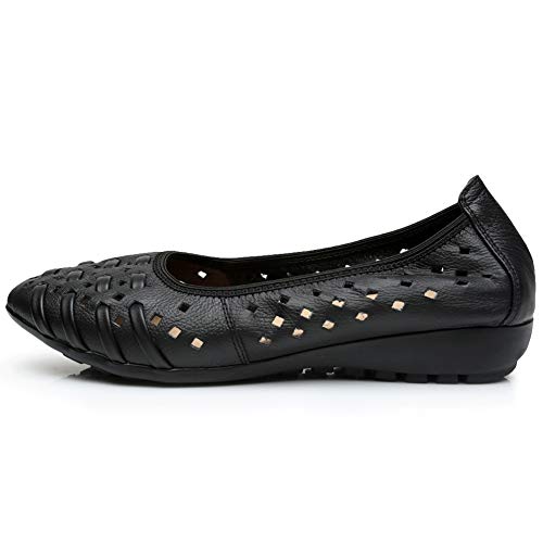 rismart Women's Hollow Comfort Slip On Leather Ballets Flats Shoes2