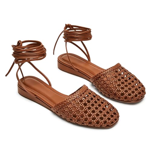 Image of Woven Ballet Flats for Women Lace Up Closed Square Toe Summer Sandals Dressy Shoes