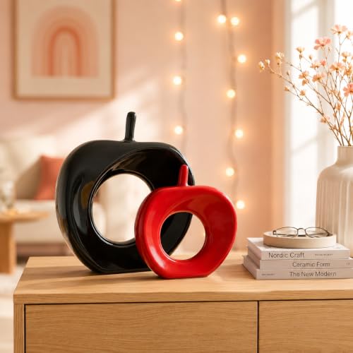 Image of Home D�cor Apple Shape Statues| Glossy Ceramic Figurines - (Set of 2 Piece, Red & Black)