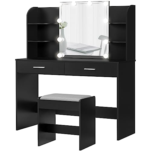 usikey Vanity Desk, Makeup Vanity Table with 10 LED Light Bulbs, Vanity Table, Vanity Desk Set with 2 Drawers, 6 Storage Shelves & Cushioned Stool for Women Girls, Bedroom, Black