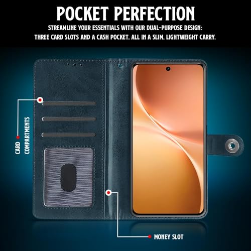 Image of WOW IMAGINE Shock Proof Flip Cover Back Case for Vivo V60 5G | V60e 5G | Vivo T4 Pro 5G (Designer Magnetic Button Flip Case | Inbuilt Wallet Pockets & Stand | Leather Finish | Oxford Blue)