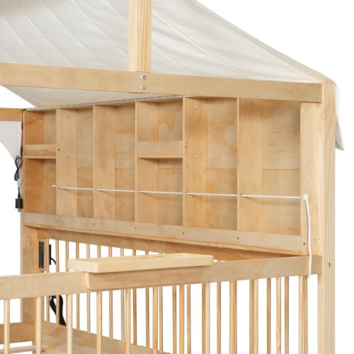 Image of Full Size House Bed with 2 Large Drawers & LED Strip Natural-T | Side Bookshelf, Cozy Reading Nook & Playhouse for Boys & Girls