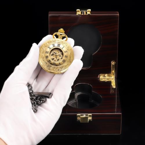 Image of ManChDa Mechanical Roman Numerals Dial Skeleton Pocket Watches with Luxury Wooden Box and Chains for Mens Women