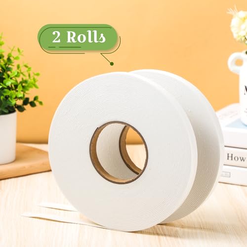 Image of Tatuo 2 Rolls Double Sided Foam Tape 0.6 Inch by 50 Feet White PE Foam Tape Sponge Soft Mounting Adhesive for DIY Craft Picture Poster Hanging