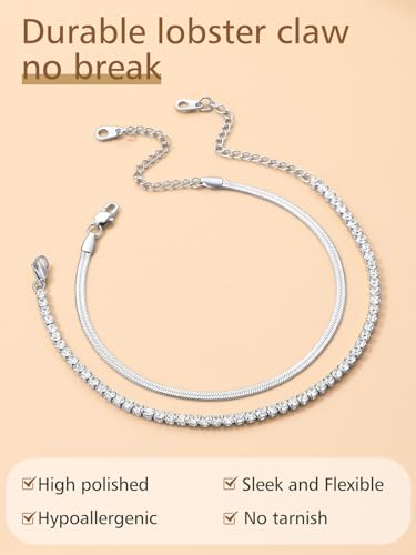 Image of FindChic Black /Silver /Gold Plated Anklets Set of 2PCS /3PCS Herringbone Chain Cuban Link Heart Charm Sparkling Tennis Ankle Bracelets, Waterproof Summer Foot Jewelry for Beach