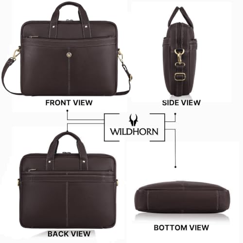 Image of WildHorn Genuine Leather Office Bag | 15.6-Inch Laptop Bag | Professional Leather Bag with Adjustable Straps, Multiple Compartments & Front and Back Zippers | 1-Year Warranty