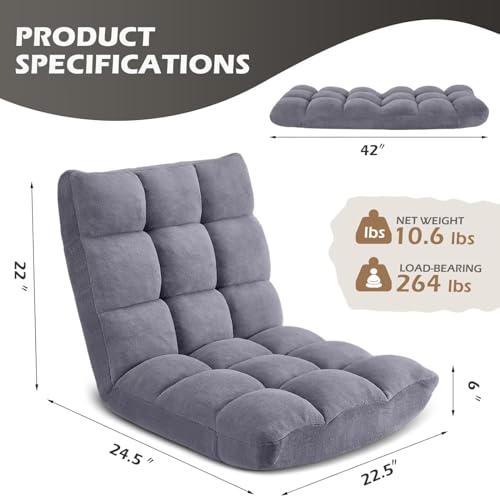 Image of Folding Floor Gaming Chair 14-Poistion Cushioned Adjustable Floor Lazy Sofa Chair w /Breathable Cotton & Skin-Friendly Coral Velve for Adults & Kids Perfect for Reading Gaming Meditating, Grey