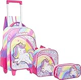 Kit Mochila de Rodinha Lancheira Térmica e Estojo Duplo Unicórnio Yepp MIF5339 (Rosa Escuro)