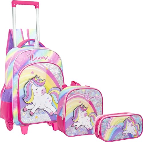 Kit Mochila de Rodinha Lancheira Térmica e Estojo Duplo Unicórnio Yepp MIF5339 (Rosa Escuro)