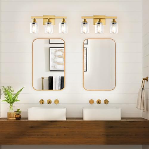 Image of 3 Light Gold Bathroom Light Fixtures, Bathroom Vanity Light Over Mirror, Gold Wall Sconce Vanity Lighting with Clear Glass Shade,Modern Farmhouse Bath Wall Lamp for Mirror Kitchen
