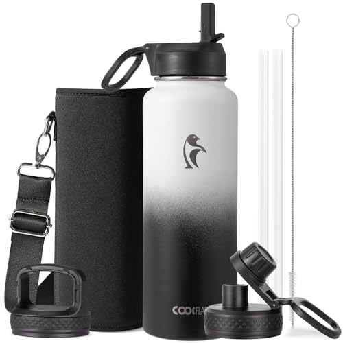 Image of Coolflask 40 oz Water Bottle Insulated with Straw & 3 Leakproof Lids