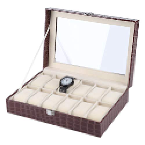 Preisvergleich Produktbild Hakeeta Schmuckkästchen / Uhrenbox mit Glasdeckel / Sichtfenster und 12 Fächern. Aufbewahrungsbox für Uhren oder Schmuck von Herren / Damen(braun)