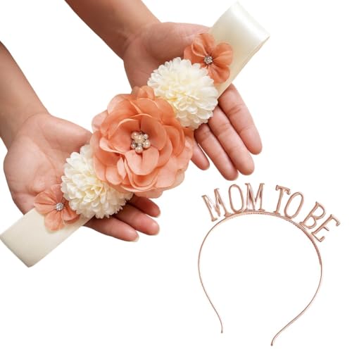 Image of WP WANNA PARTY Baby Shower Decoration Items Mom To Be Flower Waistband And Headband Tiara 2Pcs For Maternity, Pregnancy Photoshoot Material Items Supplies, Mom To Be Crown -Mom To Be Sash For Women