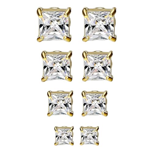 Jstyle 4-7MM Magnetic Earrings for Men Women Gold/Silver Square Cubic Zirconia Stud Earrings for Non-Pierced Ears Hypoallergenic Stainless Steel Fake Earring Not Easy to Fall off