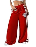 Mizah Elastic High Waist Sweatpants with Side Stripe - Fashion Comfortable Everyday Wear and Sport Pants for Girls and Women (Red, XL)