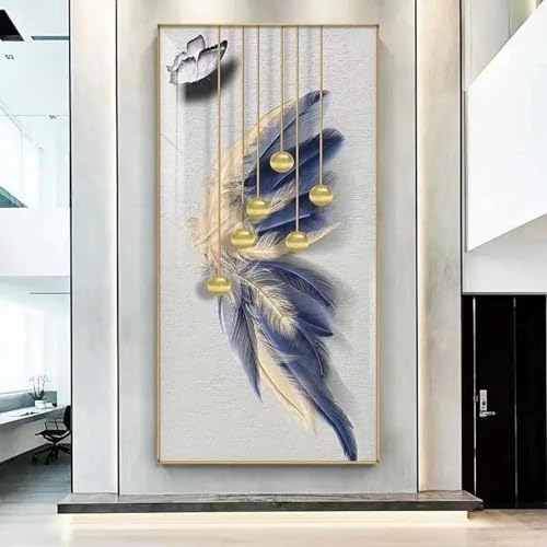 Affiche plume moderne 85x160 cm avec cadre doré tableau décoratif vertical pour couloir