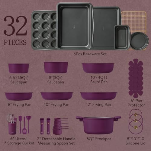 Image of CAROTE 32pcs Pots and Pans Set Non Stick, Detachable Handle Cookware Sets | Bakeware and Kitchen Gadgets, Space Saving, Dishwasher & Oven Safe, Non-Toxic, for Camping /RV /Traveling, Purple