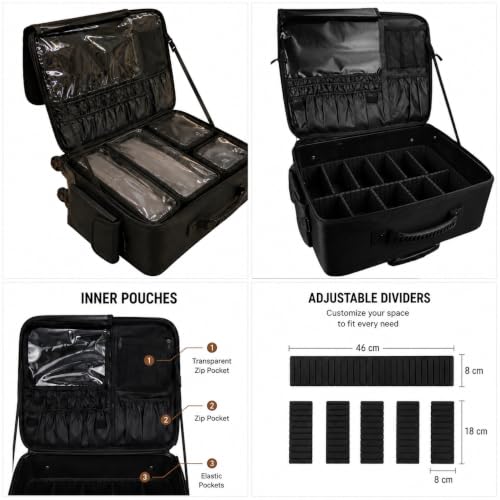 Image of Professional Train Case Hardside Vanity Jumbo Makeup Artist Rolling Trolley Beauty Makeup Cosmetic Trolley Hairstylist Travel Organizer Bag - 360 Wheels - Expendable Handle (8516 /XXXL /Trolley)