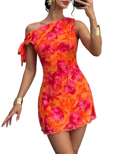 Acelitt Women's One Shouldr Floral Bodycon Dress Fashon 2026 Summer Sexy Cocktail Party Mini Dresses Orange Large